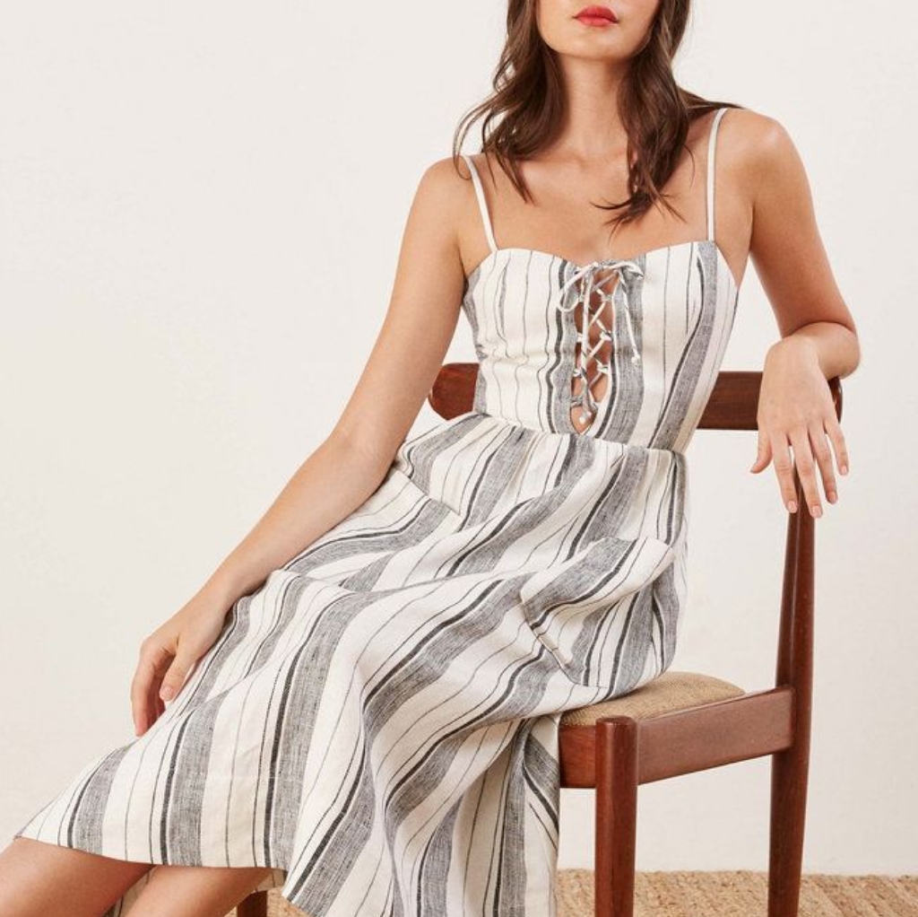 Reformation Ellen Coastal Linen Lace-Up Midi Dress